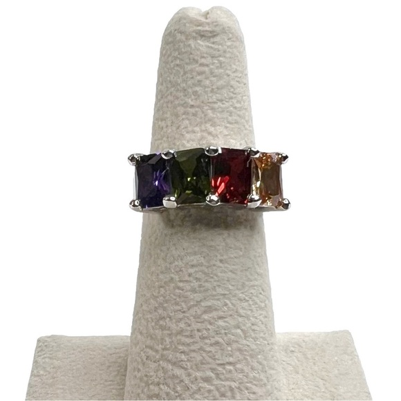 Emerald Cut Glass Stone Multicolored Rainbow Silver Tone Ring - Picture 3 of 9